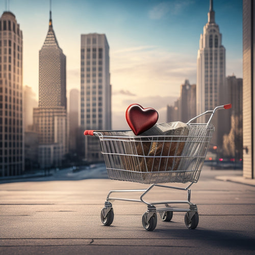 An illustration of a deserted shopping cart with a few scattered items, a broken heart above it, and a subtle background of a cityscape or online store interface with faint dollar signs and timer symbols.