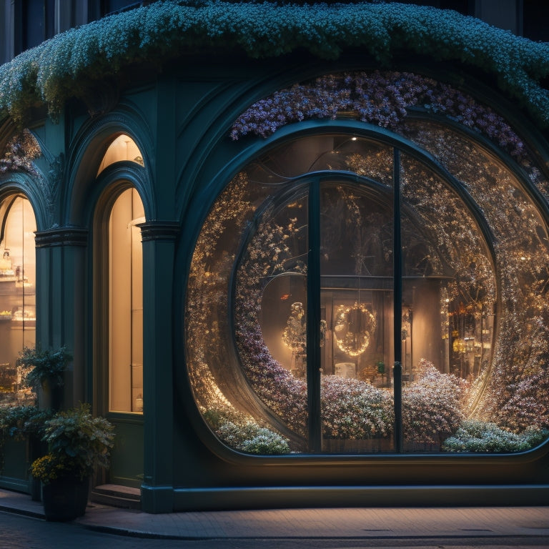 An abstract composition featuring a merchant's shopfront with a subtle glow, surrounded by swirling digital patterns and shapes, merging with growing vines and blooming flowers, symbolizing growth and innovation.