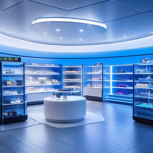 A futuristic retail space with sleek, minimalist shelves and holographic product displays, surrounded by representatives from diverse global companies gathered around a large, glowing collaboration table.
