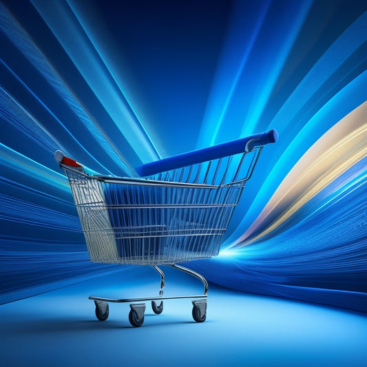 An abstract illustration of a rising arrow piercing through a shopping cart, surrounded by swirling lines and shapes in shades of blue, conveying rapid growth and momentum.