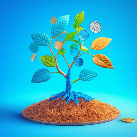 A stylized illustration of a growing plant with coins and gears intertwined in its roots, surrounded by a subtle grid of mathematical symbols and rising arrows, set against a bright blue background.
