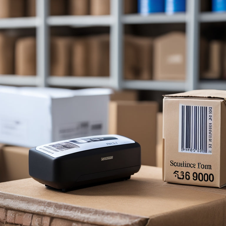 A rectangular shipping label with a barcode, address, and company logo, surrounded by a roll of labels, a tape dispenser, and a shipment box in the background.