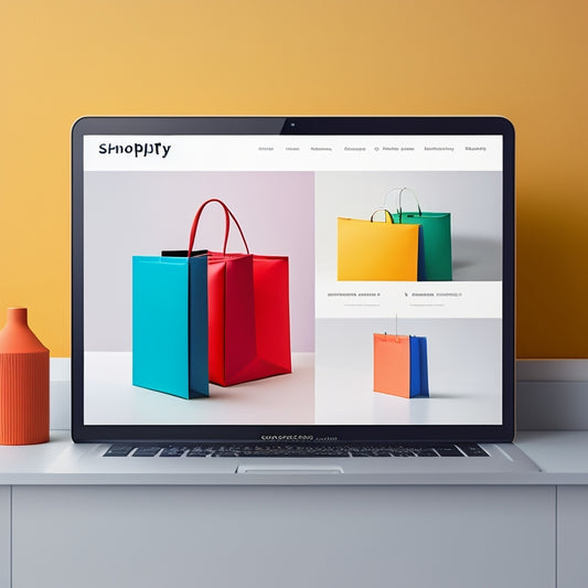 A stylized, minimalist illustration of a laptop screen displaying a split-screen comparison of various Shopify stores on the Serialecom platform, with vibrant colors and sleek UI elements.