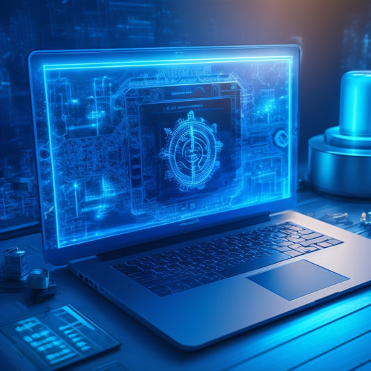 A futuristic, high-tech illustration of a digital shield protecting a laptop and tablet, surrounded by tiny locks, gears, and circuits, set against a dark blue, gradient background with subtle, glowing lines.