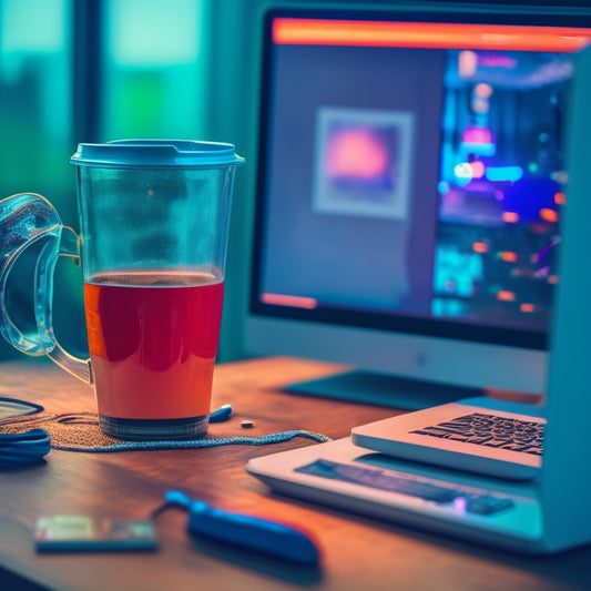 A broken browser window with a cracked screen, surrounded by tangled cords and shattered pixels, on a cluttered desk with a abandoned coffee cup in the background.