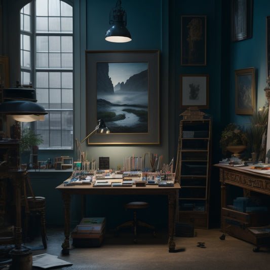 A dimly lit, modern art studio with a large, ornate frame in the center, surrounded by scattered art supplies, a laptop, and a few sold art pieces on the walls, with a subtle cityscape outside.