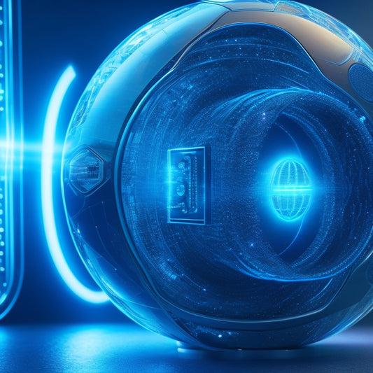 A futuristic, high-tech background with glowing blue circuits and wires, featuring a large, silver, spherical lock with a touchscreen interface and a subtle, shimmering aura around it.