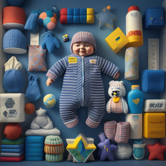 A stylized illustration of a baby's onesie-clad torso surrounded by swirling patterns of baby blocks, toys, and nursery rhyme characters, with a faint background of warehouse shelves and inventory management charts.