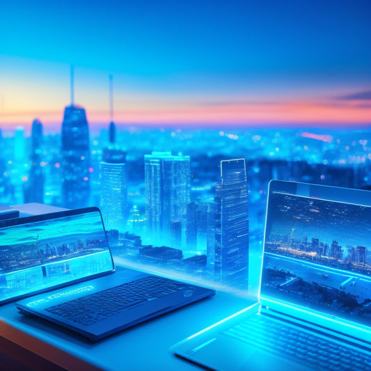 A futuristic dashboard with glowing blue lines and geometric shapes, surrounded by laptops, tablets, and smartphones, with a cityscape at sunset in the background, symbolizing e-commerce success.