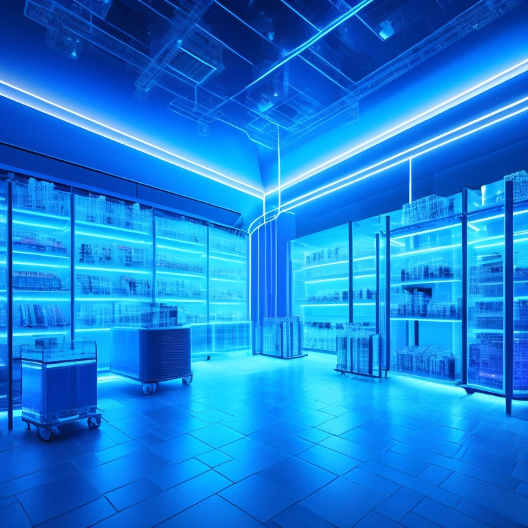 A futuristic, sleek, and modern illustration of a digital storefront with glowing blue circuits and wires, surrounded by floating 3D shopping carts, laptops, and smartphones, all interconnected.