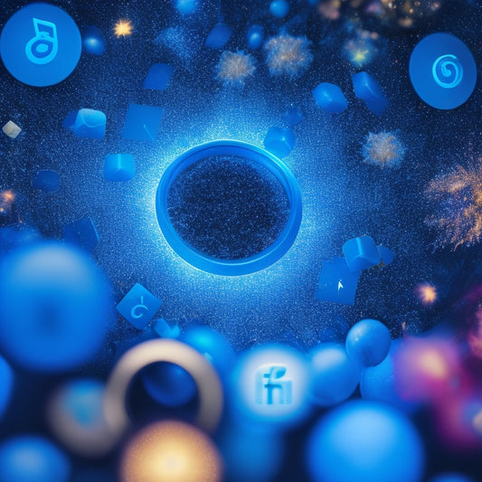 A vibrant, swirling vortex of interconnected social media icons, with a magnifying glass at the center, surrounded by bursting fireworks and confetti, against a dark blue background.
