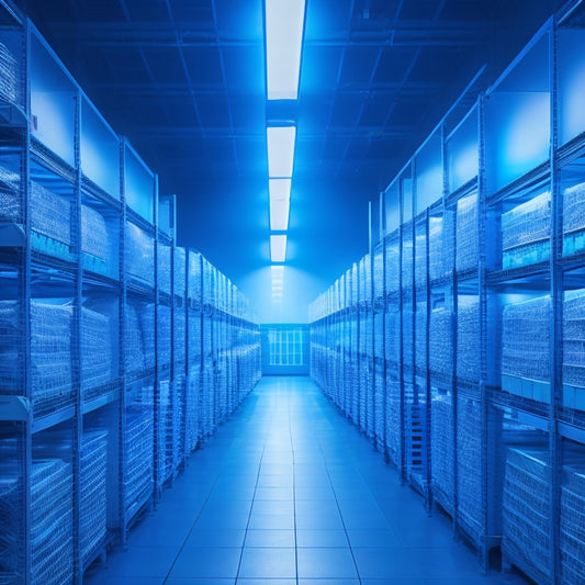 A futuristic, high-tech warehouse with rows of towering shelves, robots and drones zipping by, while automated conveyor belts and sorting machines efficiently process packages, all bathed in a bright, electric blue glow.