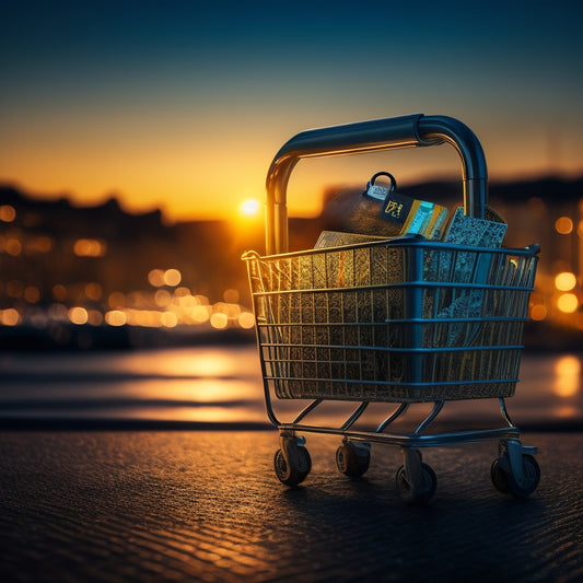 A padlock securing a shopping cart overflowing with credit cards, surrounded by a circular pattern of ones and zeros, with a subtle background of a cityscape at dusk.