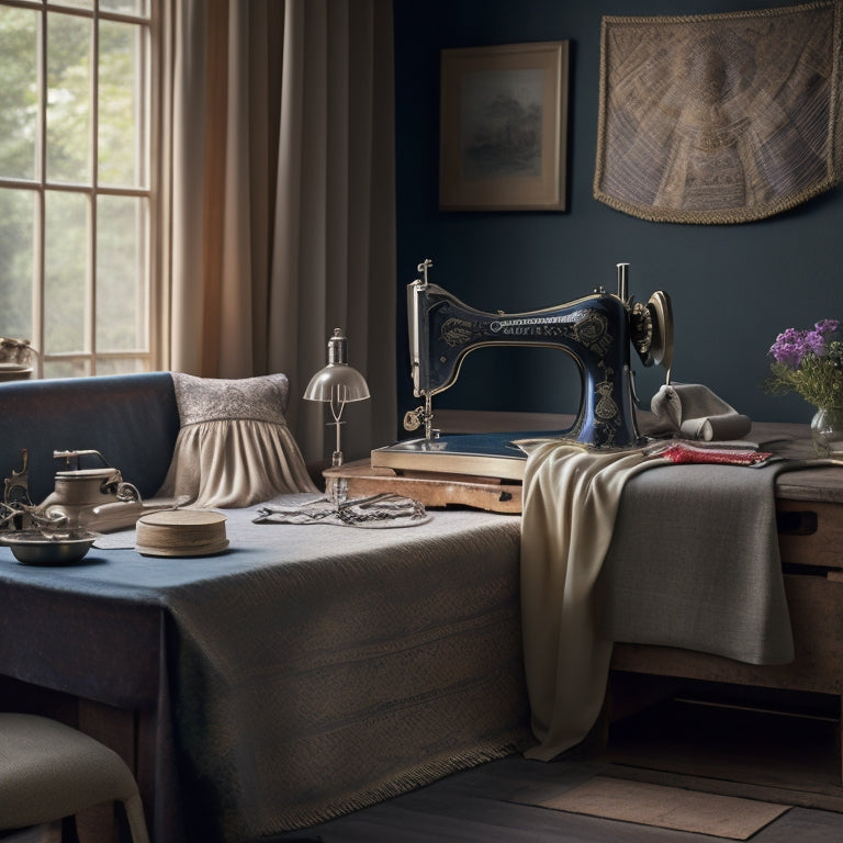 A serene, well-lit studio setting with a vintage sewing machine, a roll of elegant fabric, and the Merchant & Mills factory dress pattern laid out, surrounded by scattered threads and pins.