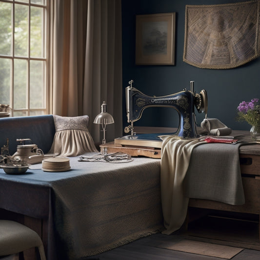 A serene, well-lit studio setting with a vintage sewing machine, a roll of elegant fabric, and the Merchant & Mills factory dress pattern laid out, surrounded by scattered threads and pins.