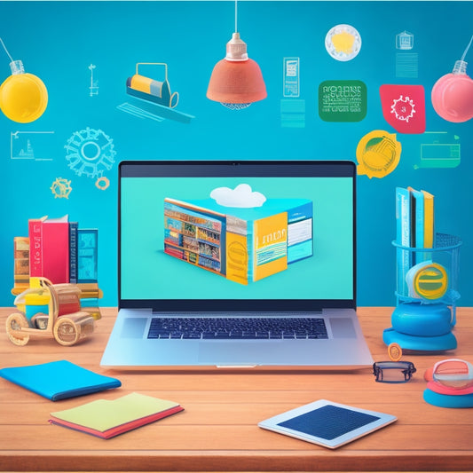 A split-screen illustration featuring a laptop with multiple screens open, each showcasing a different online course creation platform (e.g. Udemy, Teachable, Kajabi), surrounded by icons of gears, books, and lightbulbs.