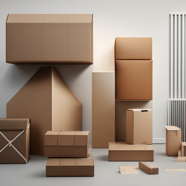 A minimalist illustration featuring a stylized, symmetrical composition of various shipping boxes and envelopes in different sizes, with arrows and lines connecting them to convey efficiency and optimization.