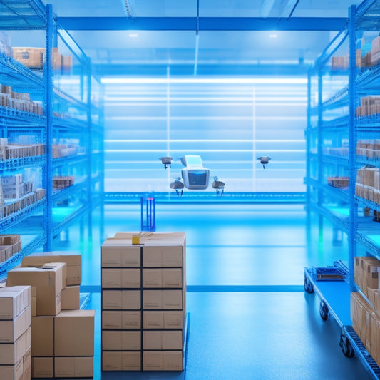 An illustration of a sleek, modern warehouse with autonomous robots and drones navigating shelves, alongside a futuristic dashboard displaying real-time inventory and shipment tracking data.