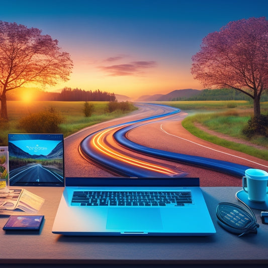 An illustration of a winding road with a subtle glow, leading to a laptop with a glowing screen displaying a pie chart, surrounded by icons of various online course elements.
