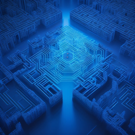 A stylized illustration of a maze with a single, glowing path leading to a keyhole, surrounded by puzzle pieces fitting together, set against a dark blue background with subtle circuit board patterns.
