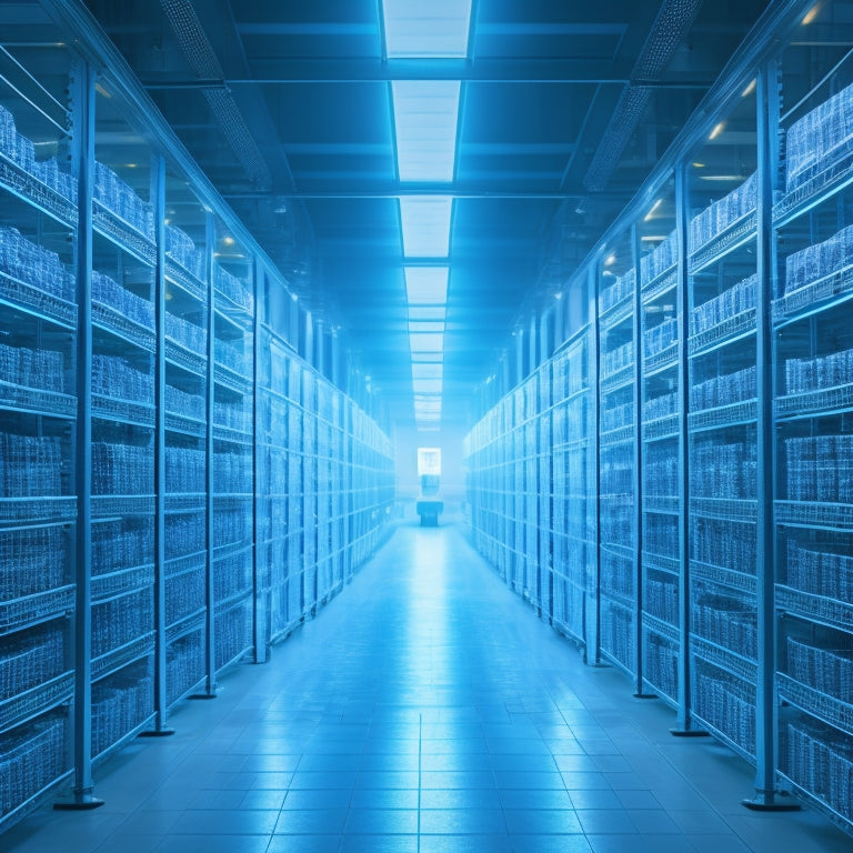 A futuristic warehouse with rows of shelves, robots navigating aisles, and holographic screens displaying inventory levels, surrounded by a subtle glow of efficiency and innovation.