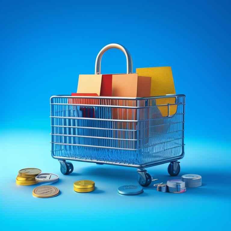 A modern, minimalist illustration featuring a combination lock with a keyhole in the shape of a shopping cart, surrounded by various e-commerce icons like credit cards, packages, and laptops.