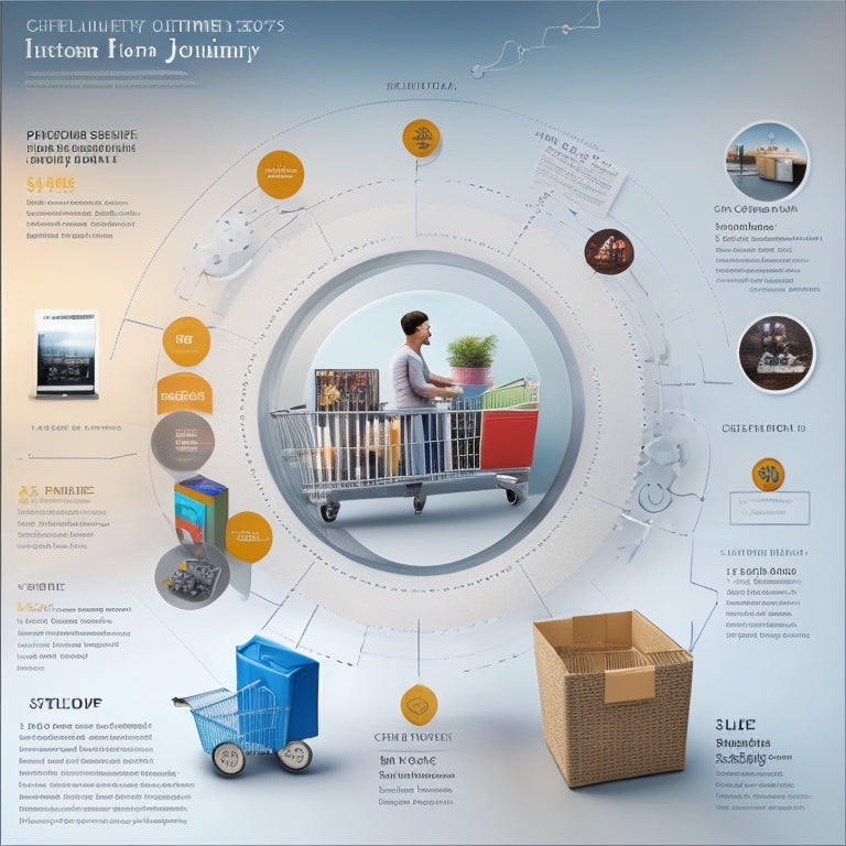 A stylized illustration of a customer's journey, featuring a satisfied shopper surrounded by interconnected gears, with a shopping cart at the center, radiating sparks and forming a cycle of loyalty.