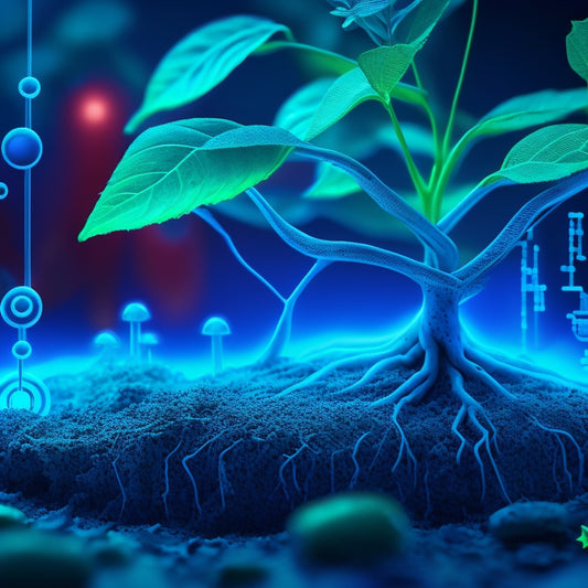 An illustration of a growing plant with glowing blue roots resembling circuit boards, surrounded by swirling arrows and tiny digital icons, set against a bright, gradient blue background.