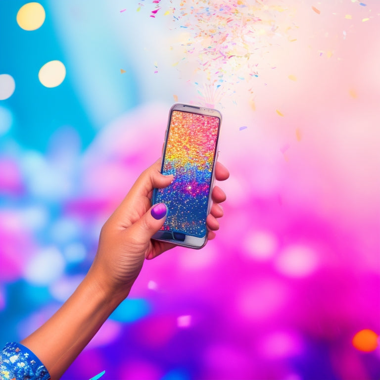 A bright, modern illustration of a person's hand holding a smartphone, with a digital download symbol () above the screen, surrounded by swirling arrows and confetti, conveying instant access and excitement.