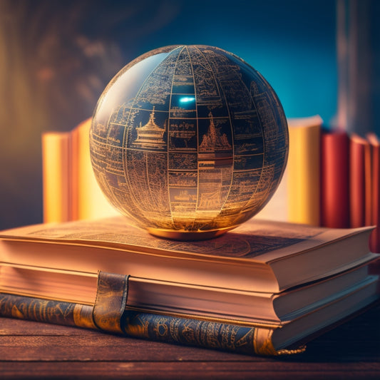 A futuristic, glowing orb surrounded by swirling lines and shapes, representing data and innovation, sits atop a stack of worn, leather-bound books, symbolizing the evolution of e-commerce.