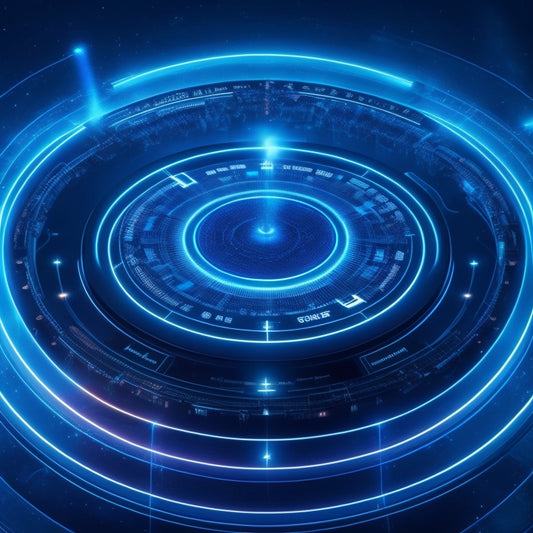 A futuristic, circular hub with glowing blue lines and nodes, surrounded by orbiting BigCommerce icons, amidst a dark background with subtle, shimmering starlight.