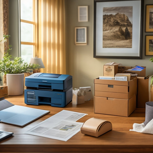 An illustration of a clutter-free home office with a desktop printer, a roll of shipping labels, and a few neatly packed boxes, surrounded by a subtle background of Amazon boxes and packing materials.