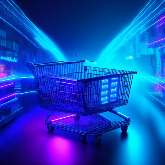A futuristic, high-tech illustration depicting a digital packet bursting out of a shopping cart, surrounded by glowing circuit boards, wires, and ecommerce icons, set against a dark blue background with neon accents.