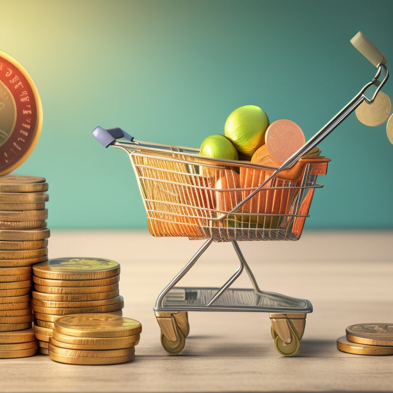 An illustration of a scale balancing coins and a shopping cart, surrounded by ascending arrows and subtle background patterns of currency symbols, conveying a sense of growth and financial harmony.