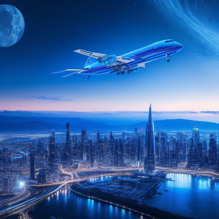 A futuristic e-commerce landscape with a sleek, silver airplane soaring above a cityscape of online shopping platforms, connected by glowing blue circuits and wires, set against a dark blue gradient sky.