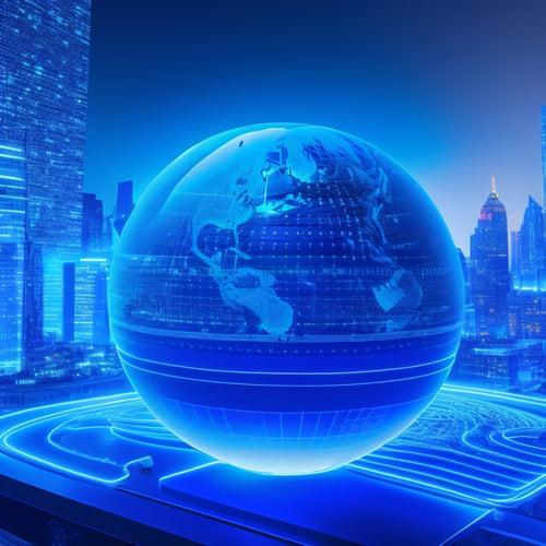 A stylized globe with glowing blue lines and nodes, surrounded by floating shopping bags, laptops, and smartphones, with a subtle cityscape background and a bright, futuristic glow.