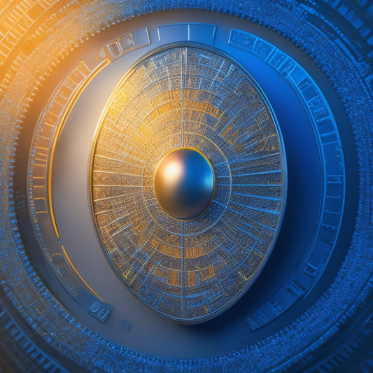 A shield with a Mastercard logo at its center, surrounded by a network of interconnected gears and circuits, with a subtle grid pattern in the background, conveying security and protection.
