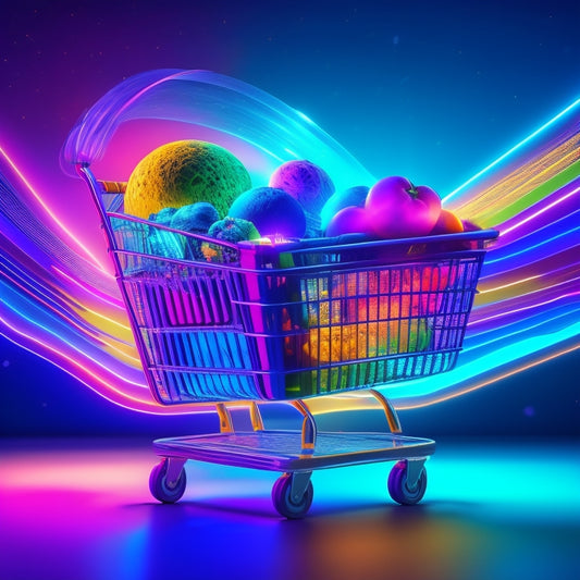 A futuristic, neon-lit, 3D illustration of a shopping cart bursting with colorful, swirling code snippets, surrounded by orbiting CSS files and merchant icons.