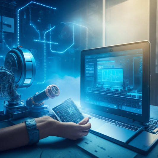 An illustration of a robotic arm holding a tablet, surrounded by swirling clouds of 1s and 0s, with a subtle background of circuit boards and wires, conveying efficiency and automation.