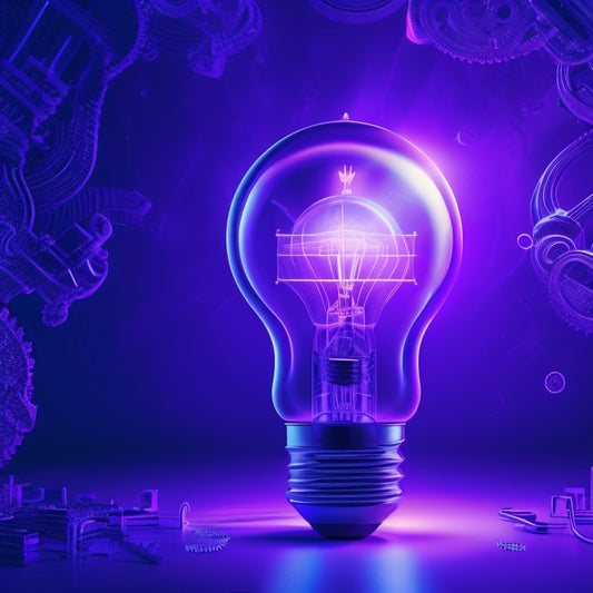 A futuristic, minimalist illustration featuring a stylized key unlocking a lightbulb, surrounded by swirling gears, circuits, and sparks, set against a dark blue and purple gradient background.