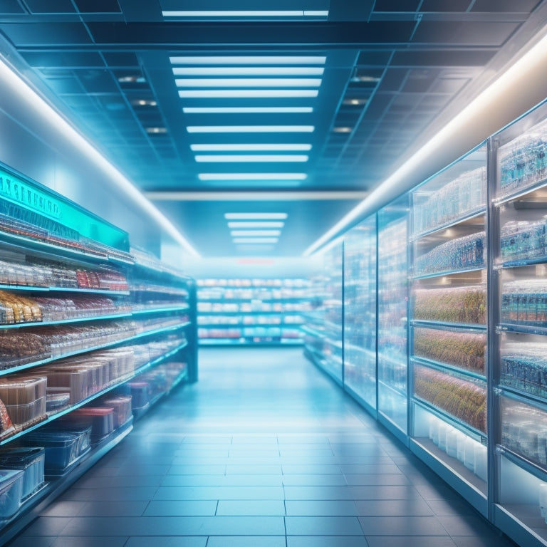 A futuristic retail landscape with sleek, minimalist shelves and robots efficiently restocking products, surrounded by holographic sales data and inventory management graphs, amidst a blurred cityscape background.