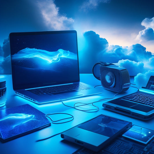 A futuristic illustration of a laptop and smartphone surrounded by 3D digital product mockups, with glowing blue lights and swirling clouds, set against a dark blue background with subtle circuit board patterns.
