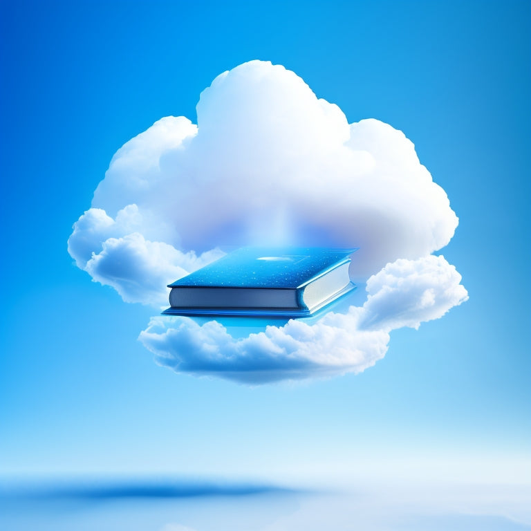 A futuristic, minimalist illustration featuring a stylized, glowing blue e-book hovering above a sleek, white shopping bag, surrounded by swirling clouds and subtle, shimmering particles.