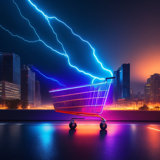 A minimalist illustration of a stylized shopping cart with a lightning bolt integrated into its design, set against a neon-lit cityscape at dusk, with sleek, curved lines and vibrant colors.