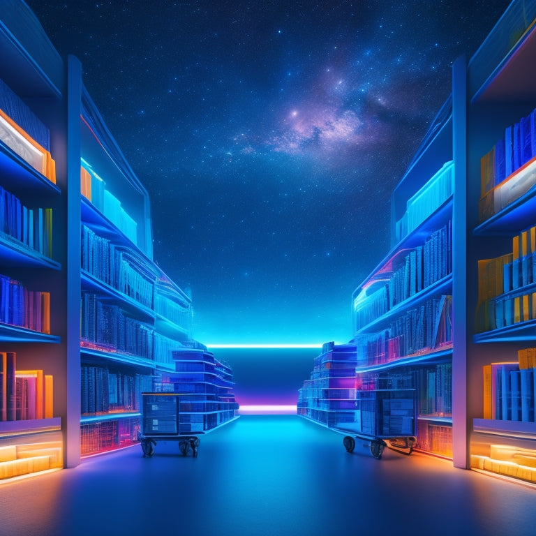 A futuristic, neon-lit bookshelf filled with glowing, translucent books, surrounded by orbiting shopping carts, laptops, and tablets, set against a dark blue, starry night sky.