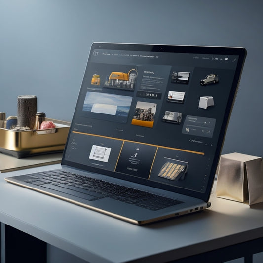 A futuristic, sleek, and modern illustration of a merchant's online store, showcasing integrated technical solutions: a laptop with coding screens, a tablet with analytics, and a smartphone with a shopping cart app.