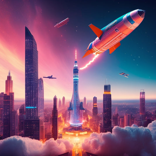 A stylized, futuristic illustration of a rocket ship blasting off, surrounded by swirling clouds of shopping bags, with a subtle cityscape in the background, featuring sleek skyscrapers and neon lights.