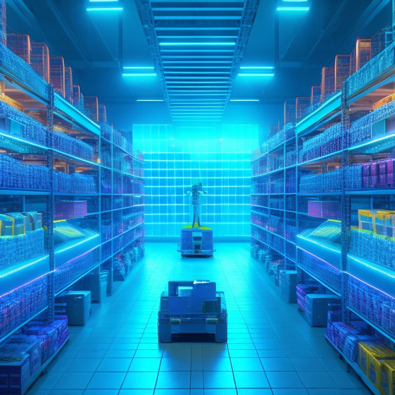 A futuristic warehouse with rows of shelves, robots, and drones zipping around, surrounded by holographic screens displaying inventory levels, stock forecasts, and supply chain analytics in a kaleidoscope of colors.