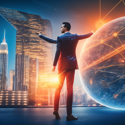 An illustration of a person standing in front of a giant, glowing online storefront, surrounded by swirling arrows and lines, with a cityscape or globe in the background, symbolizing global ecommerce success.