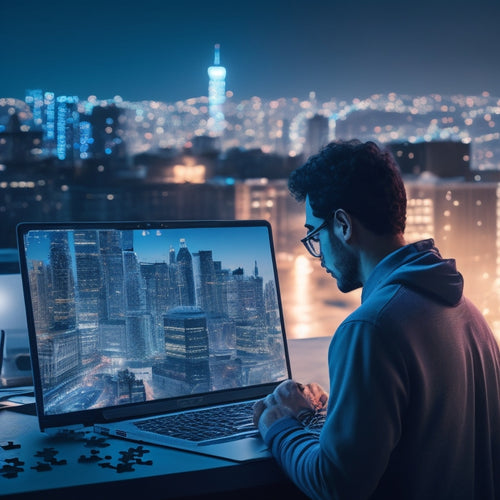 An illustration of a person standing in front of a laptop, surrounded by puzzle pieces fitting together, with a subtle glow emanating from the screen, and a hint of a cityscape in the background.